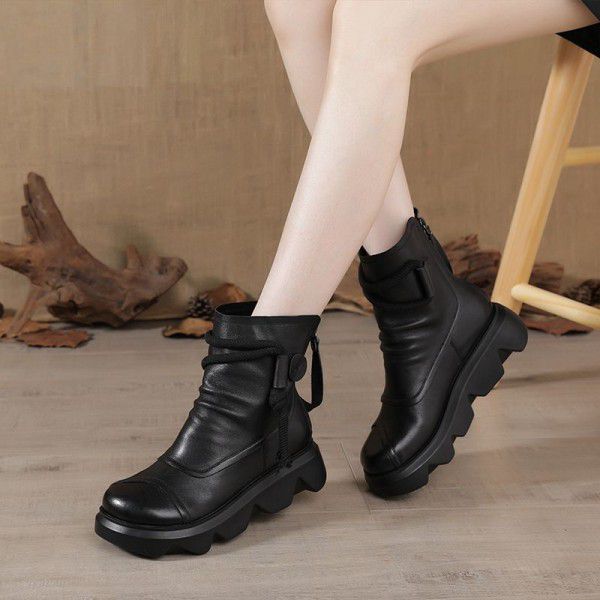 New Genuine Leather Women's Boots Short Boots Women's Matsutake Thick Sole Martin Boots Women's Retro 