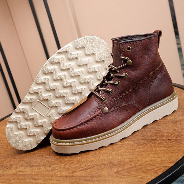 Autumn Martin Boots Men's English Style Genuine Leather Mid Top Short Boots High Top Work Wear Boots Versatile Boots Retro Men's Shoes 