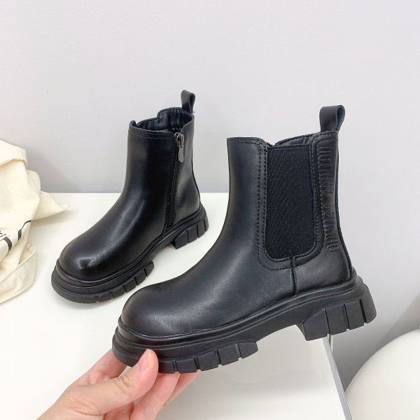 Girls' Martin Boots Winter New Children's Shoes Children's Velvet Warm Cowhide Short Boots Little Girls' Smoke Pipe Boots 