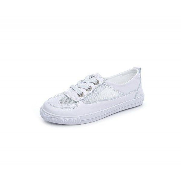 Large size small white shoes for women's summer new top layer cowhide flat sole single shoe hollow out breathable versatile casual shoes 