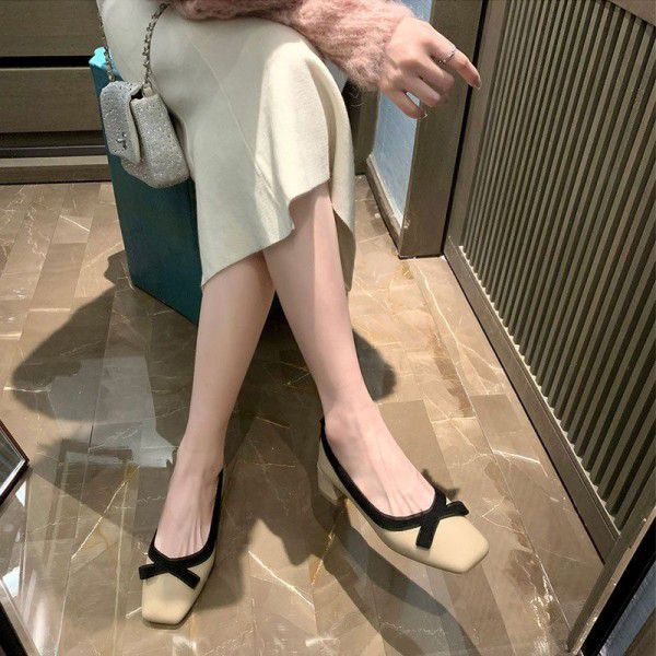 Single Shoe Women's Thick Heel Shallow Mouth Spring and Autumn New Mid Heel High Heels French Square Head Small Fragrant Genuine Leather Mary Jane Women's Shoes 