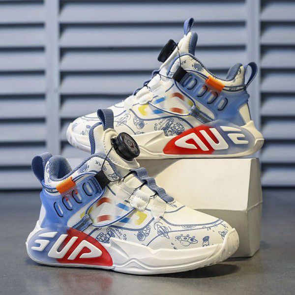 Children's Basketball Shoes Professional Training New Football Shoes Rotating Button Leather Surface Waterproof Medium to Large Children's Sports Shoes Anti slip Moisture 