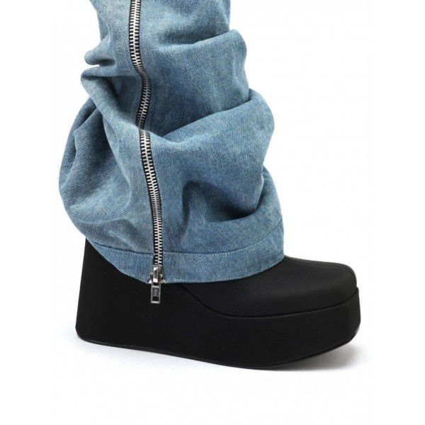 Thick soled Cowboy boot skirt shark round head women's boots large size long tube belt buckle wedge heels women's shoes 