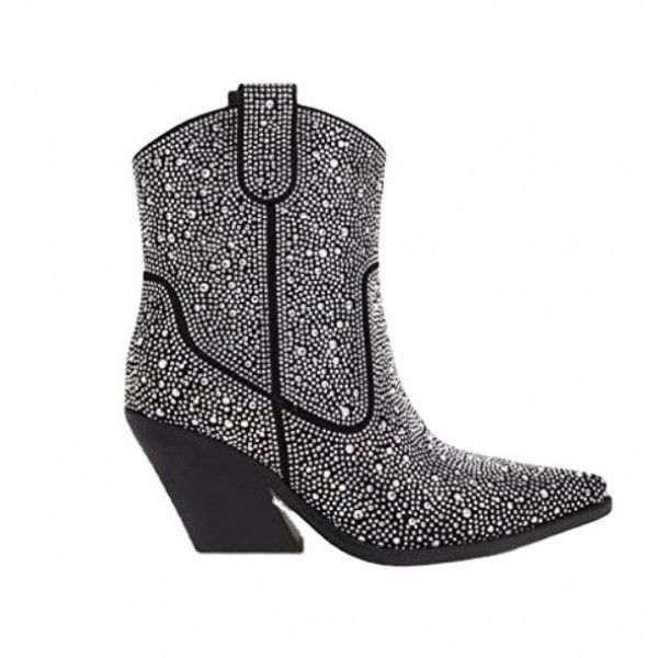 Pointed thick heeled short boots with customized rhinestone sequins in European and American style 
