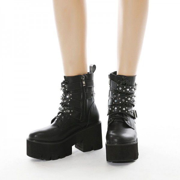 Autumn and Winter New Martin Boots Lace up Women's Boots Thick Bottom Rivet Side Zipper Short Boots Women 
