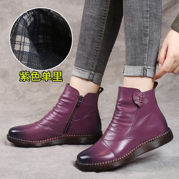 Cotton shoes, genuine leather women's shoes, winter short boots, middle-aged warm, plush, non slip, comfortable mid leather shoes 