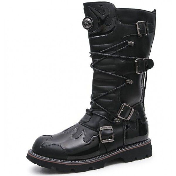Korean version thick soled men's high tube big head leather boots totem fashion boots long tube shoes work clothes 