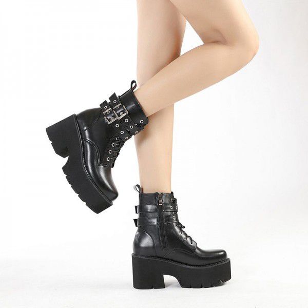 Autumn Thick Heel Waterproof Platform Martin Boots Metal Belt Buckle 