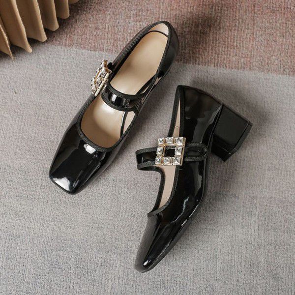 Square head retro French leather shoes leather rhi...