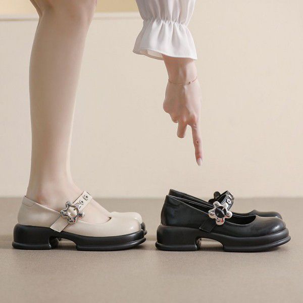 Mary Jane Shoes Women's New Round Toe Thick Sole French Vintage Single Shoe Academy One Line with Thick Heels Large Women's Shoes 