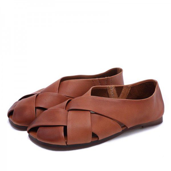 Spring and Summer New Women's Shoe Top Layer Cowhide Comfortable Soft Sole Round Head Hollow Flat Sole Single Shoe 
