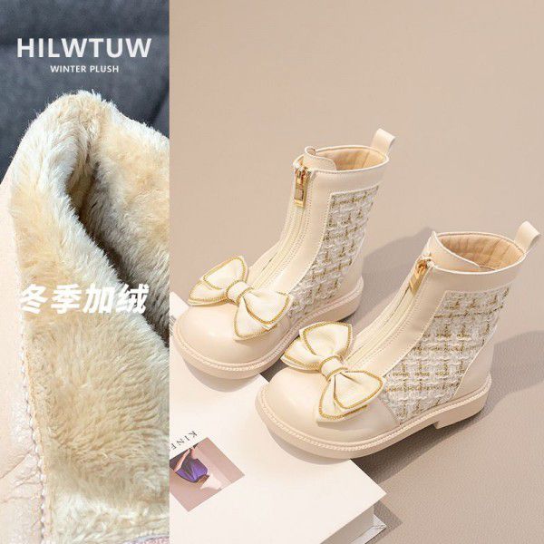 Girls' Martin Boots Winter New Plush Children's Single Boots Little Girls' Short Boots Fashionable Bowknot Leather Boots 