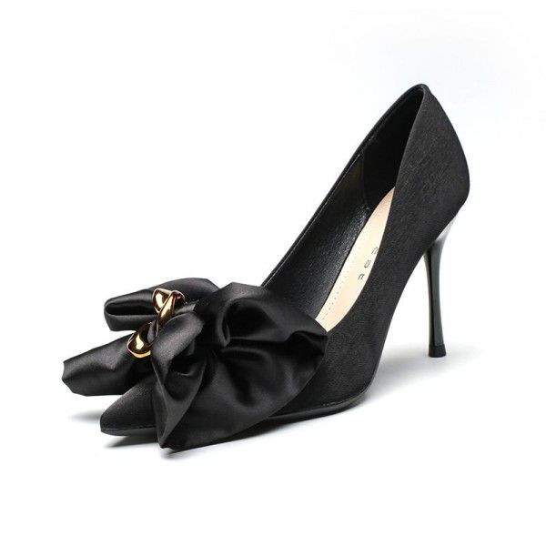 Pointed High Heels Women's New Versatile Celebrity Girls' Black Satin Thin Heels Shallow Mouth Banquet Shoes 