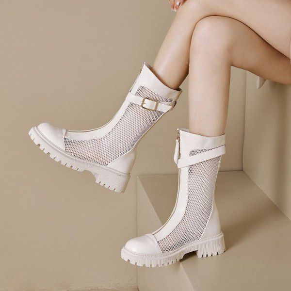 Boots Children Summer New Women's Shoes Hollow Breathable Mesh Boots Front Zipper Cool Boots Popular Mid Sleeve Martin Boots 