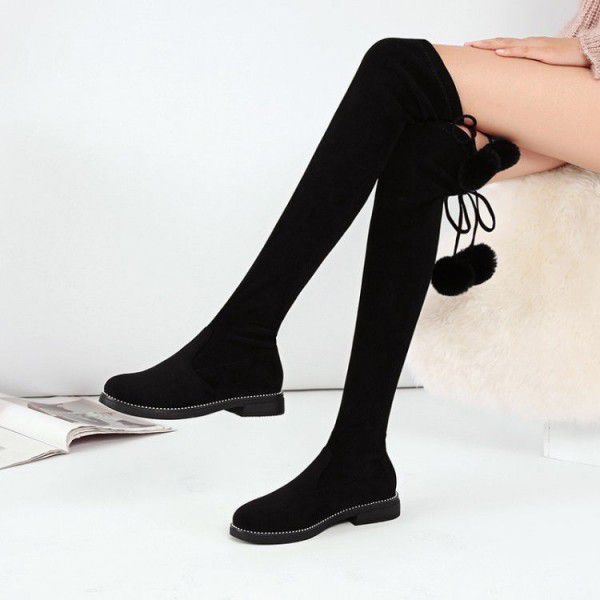 Girls' knee length boots, autumn and winter real rabbit hair balls, children's high boots, medium sized children's single boots, princess elastic boots 