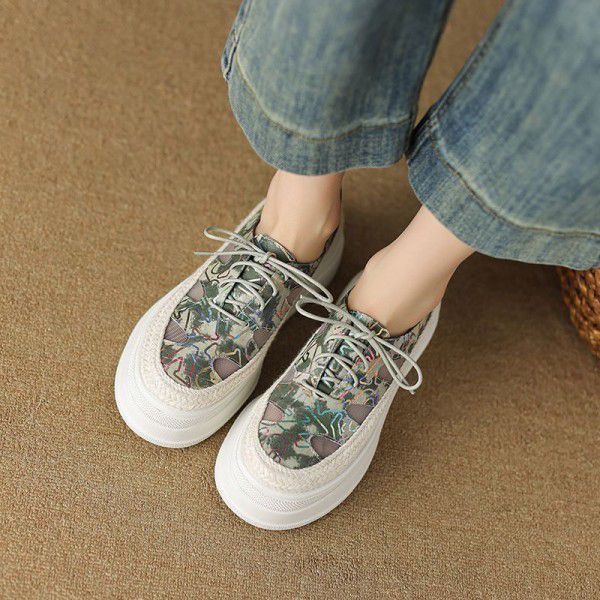 New Fashion Thick Sole Single Shoes for Women Genuine Leather Matsutake Sole Hollow Mesh Front Lacing Thin Casual Shoes for Women 