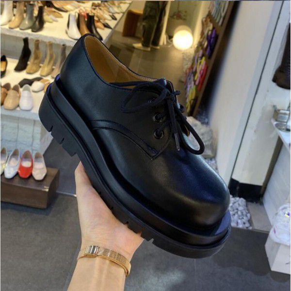 English style small leather shoes with round toe tie up and thick sole, high heel, handsome and versatile Korean version single shoe for women 