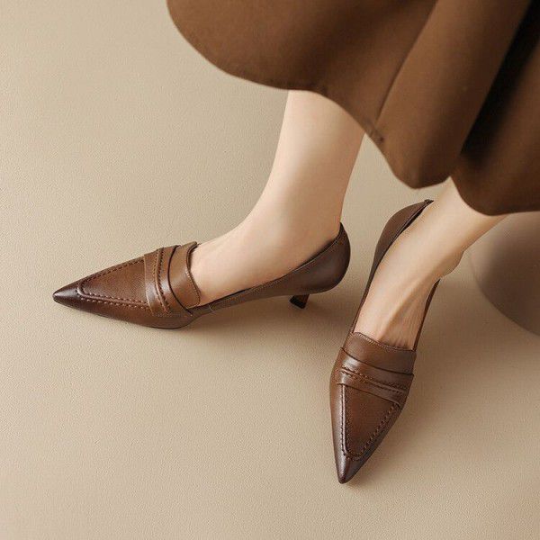 Black genuine leather small leather shoes, women's brown pointed thin high heels, new retro shallow cut thin single shoes