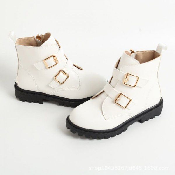 Girls' White Boots Spring and Autumn Children's Short Boots Little Girls' Martin Boots Low Barrel Short English Style Thick Sole Single Shoe 