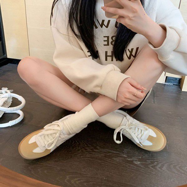 Genuine leather thick sole color matching casual sports shoes, board shoes, women's moral training shoes 