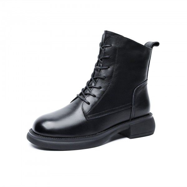 Autumn/Winter Vintage British Martin Boot Top Layer Cowhide Side Zipper Strap Women's Boot Slim Soft Short Boots 