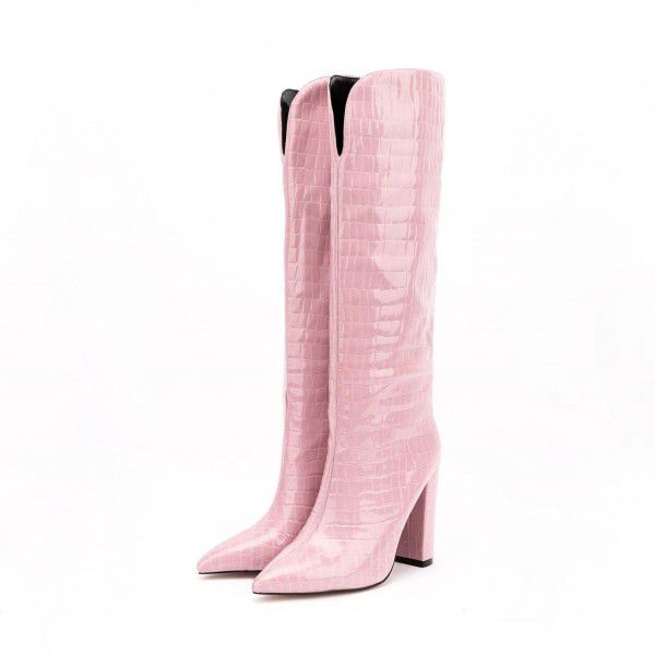 New black pointed thick heeled high boots, pink sleeve large boots 