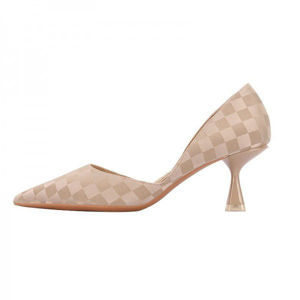 Checkerboard Pointed High Heel Single Shoe Fashionable Elegant Slim Heels 