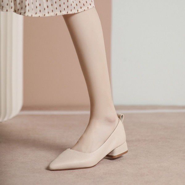 New cowhide pointed soft sole single shoe with lychee pattern thick heel and genuine leather low heel for versatile slim and shallow cut shoes 