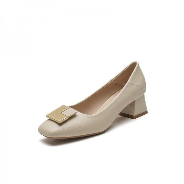 New spring square head leather thick heel Slip-on shoe women's fashion metal buckle casual single shoes women's Korean women's shoes 