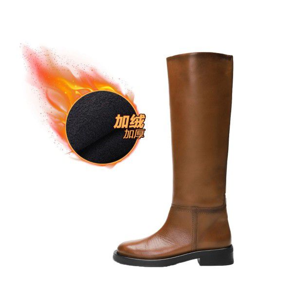 Women's brown English style flat cut retro slim round head high tube flat bottom skinny knight boots 