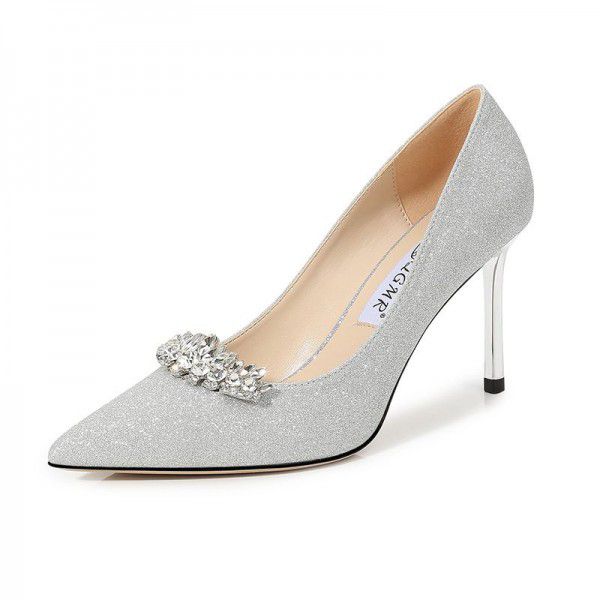 Spring and Summer New Silver High Heels Slim Heel Pointed Full Diamond Crystal Wedding Bridesmaid Shoes 