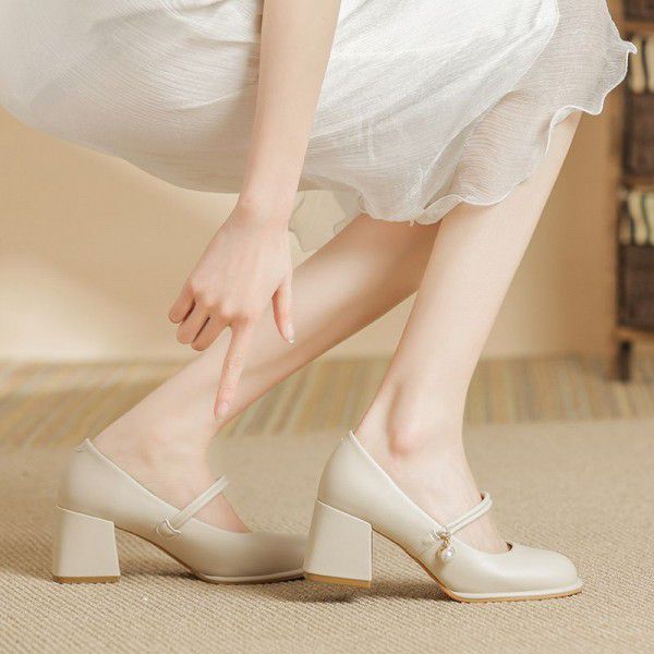 French Marilyn Women's Shoes Spring and Autumn New Waterproof Platform High Heel White Single Shoes Thick Heel Round Toe Small Leather Shoes 