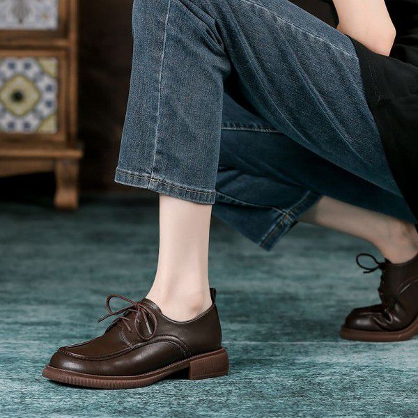 Genuine leather retro British style small leather shoes for women's spring and autumn new black versatile thick heels Japanese Lefu single shoes 