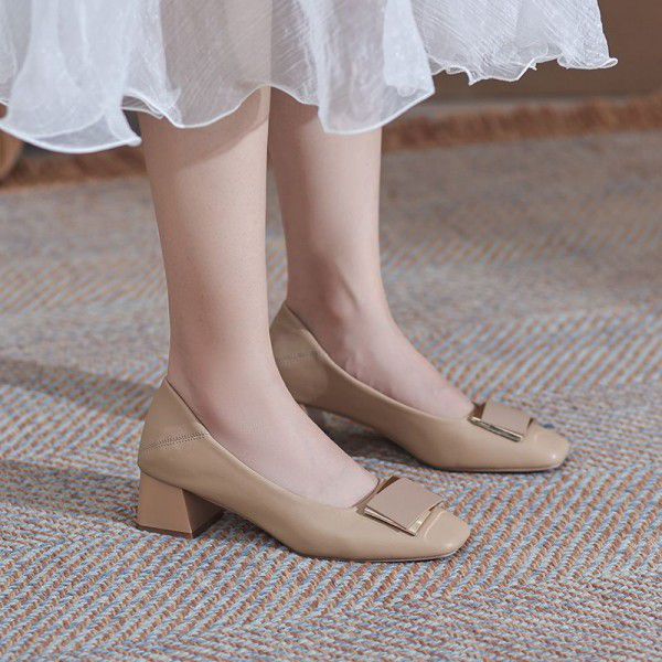 New square toe thick heel genuine leather single shoes for women's OL professional work shoes, high heels, sheepskin shallow mouth women's shoes 