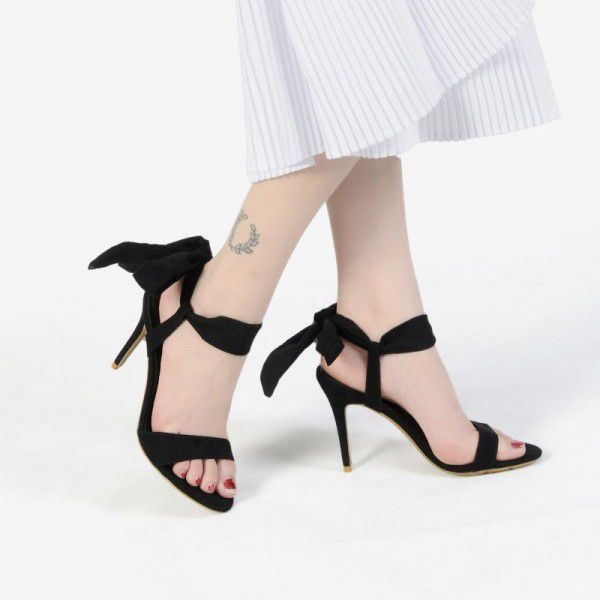 New style one line suede bow tie super high heels, slim heels, sandals, women's summer 