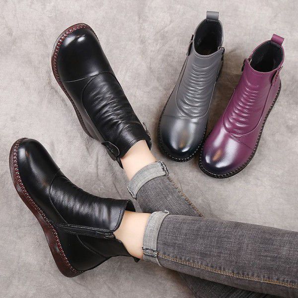 Cotton shoes, genuine leather women's shoes, winter short boots, middle-aged warm, plush, non slip, comfortable mid leather shoes 