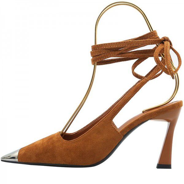 Sexy suede iron toe tie wrap around the feet, toe wrap sandals, square toe thin heels, high heels 