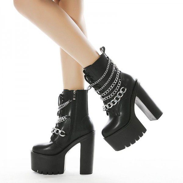 Winter High Heel Waterproof Platform Nightclub Foreign Trade Hot selling Martin Boots British Mid tube Boots Chain Lace Motorcycle Boots 
