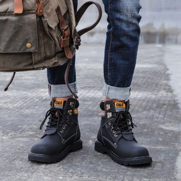 Men's Martin boots, large toe work attire boots, round toe tie up, flat bottomed leather outdoor hiking shoes, couples, black boots, spring 