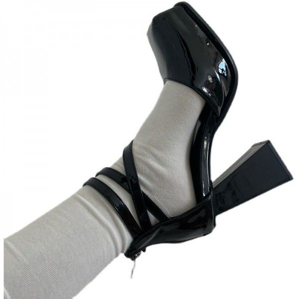 Black waterproof platform ultra-high heel sandals for women with thick heels, new square toe patent leather, one line buckle, hollow single shoe 