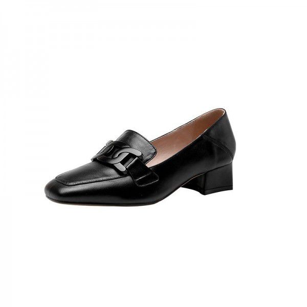 Spring and Autumn New Genuine Leather Leisure Lefu Women's Single Shoes Korean Edition Comfortable Middle Heel Shoes Square Headed Retro Commuter Women's Shoes 