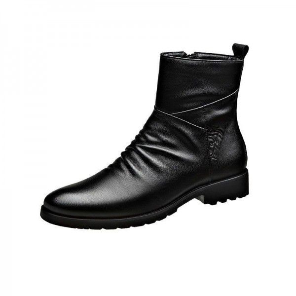 Autumn cowhide men's leather boots with anti slip zipper for warmth and youth fashion classics 