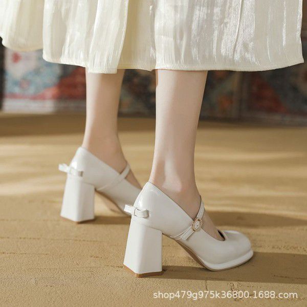 Mary Jane High Heels Women's New Thick Heel Waterproof Platform Round Toe French One line Buckle with Shallow Mouth Commuter Single Shoes 