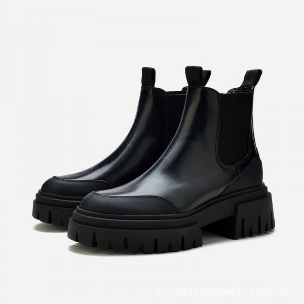 Seasonal Women's Shoes Black Thick Sole Heightened Dark Martin Elastic Chimney Boots English Style Flat Bottom Short Boots 
