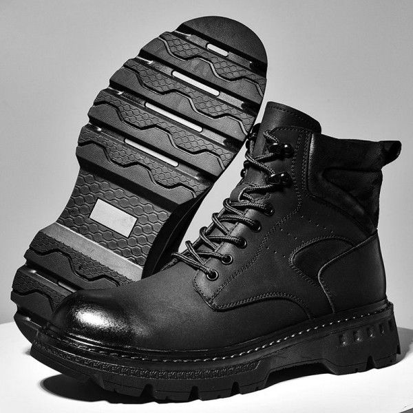 Thick soled Martin boots, men's leather boots, winter plush insulation, work attire boots, messy short boots, high top motorcycle men's shoes, genuine leather 