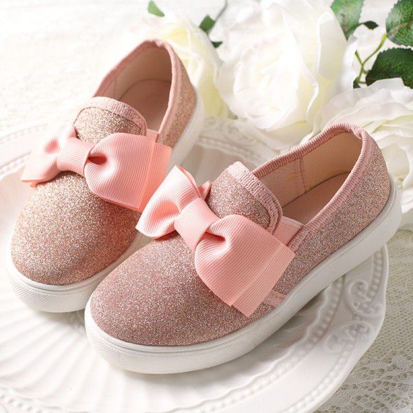 Girls' Shoes Versatile Casual Shoes Bow Children's Board Shoes Sparkling Pink Bean Shoes Little Girls' Princess Single Shoes Soft Soles 