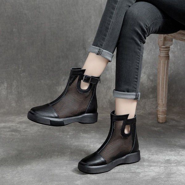 New top layer cowhide mesh women's casual short boots Summer hollow out casual cowhide single shoe mesh boots 