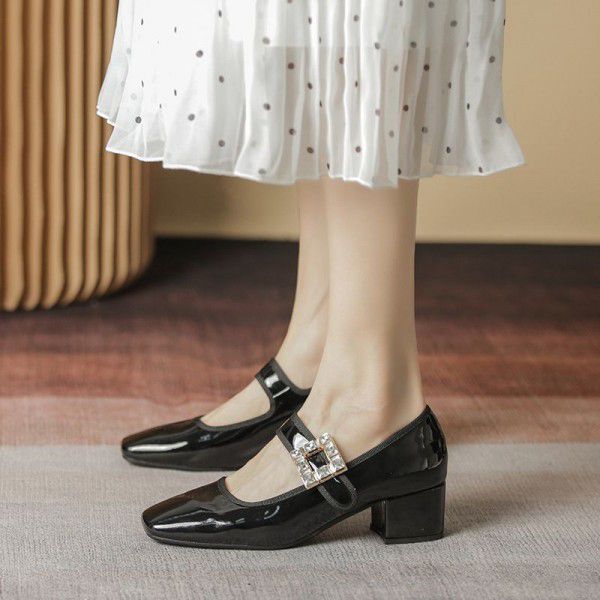 Square head retro French leather shoes leather rhinestone square button Ballet flat women's single shoes Mary Zhen shoes autumn 