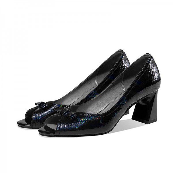 Spring New Thick Heel Fish Mouth Single Shoes for Women's Large Round Toe Black Fashion High Heel Cool Shoes 