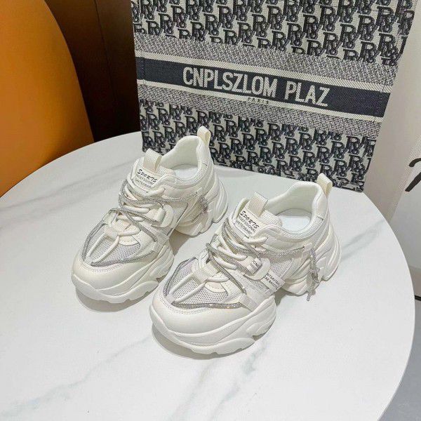 Genuine leather thick soled dad shoes for women's spring and summer new casual and versatile sports small white shoes Korean version with lace up mesh surface 
